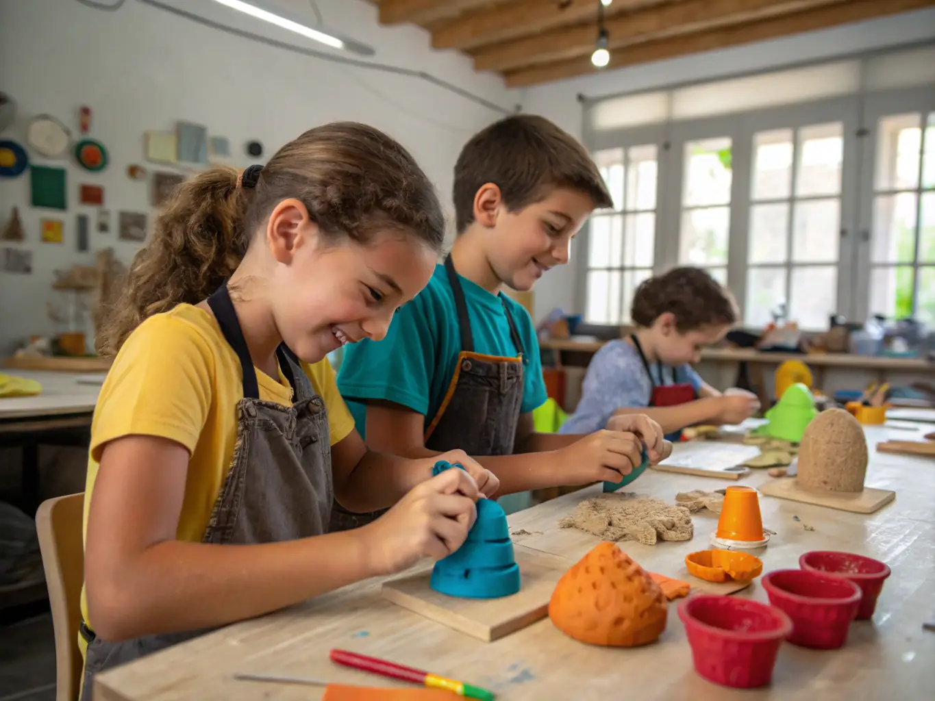 A dynamic image of children participating in a sculpture class, using clay and various tools, with an instructor guiding them, set in a colorful and engaging classroom environment.