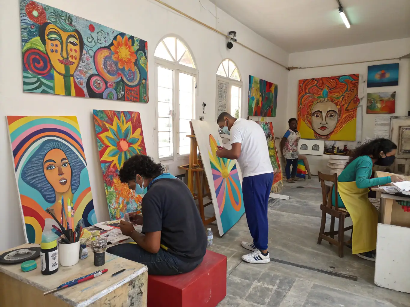 A vibrant image depicting participants actively engaged in a painting workshop, showcasing various age groups and skill levels, with finished artworks displayed in the background, set in a brightly lit studio environment.