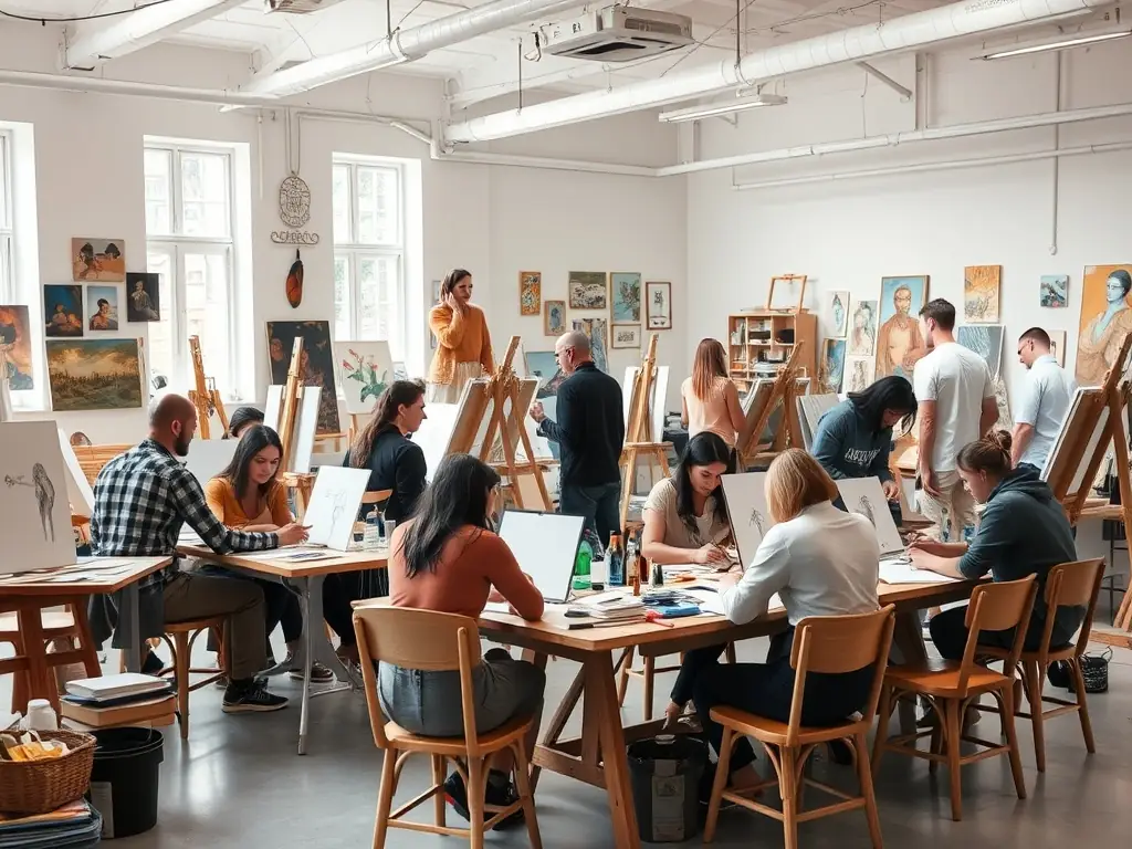 A dynamic image of a mixed-media art session, showcasing participants experimenting with various materials and textures to create unique artworks.