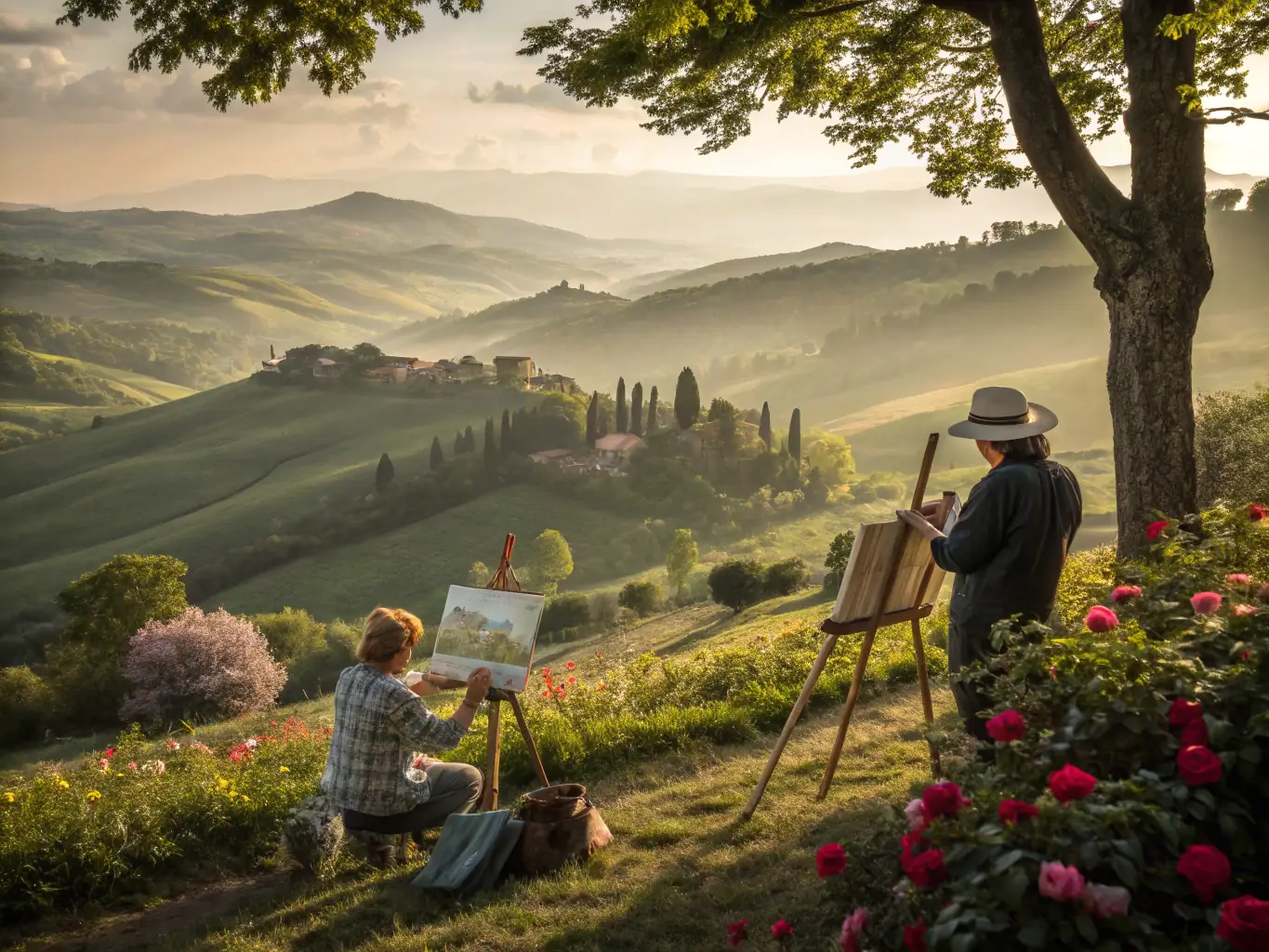 A serene image of an outdoor plein air painting session, with artists capturing the beauty of the Angoulême landscape on their canvases.