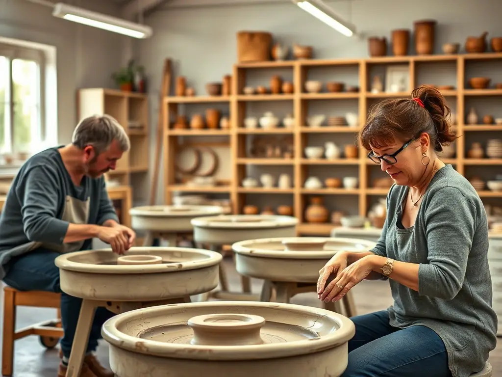 A photograph capturing the energy of a pottery class, with participants shaping clay on spinning wheels, guided by an instructor.