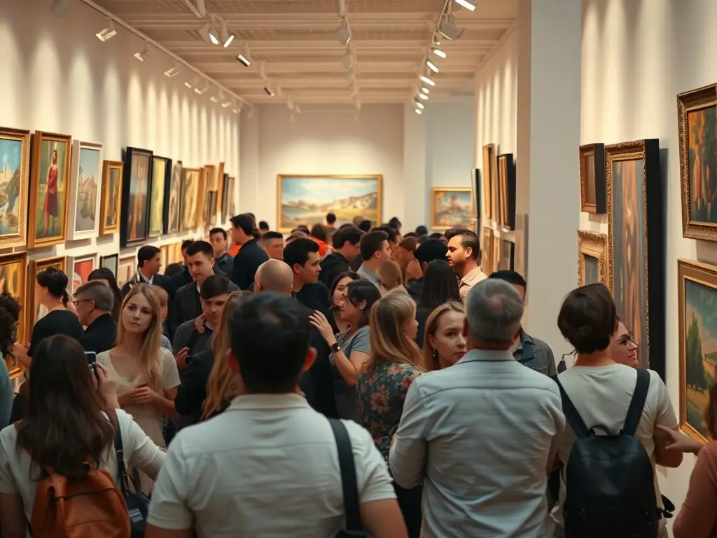A photograph capturing the opening night of an art exhibition, featuring artists and attendees admiring the displayed artworks, with soft lighting and a sophisticated ambiance, highlighting the cultural significance of the event.